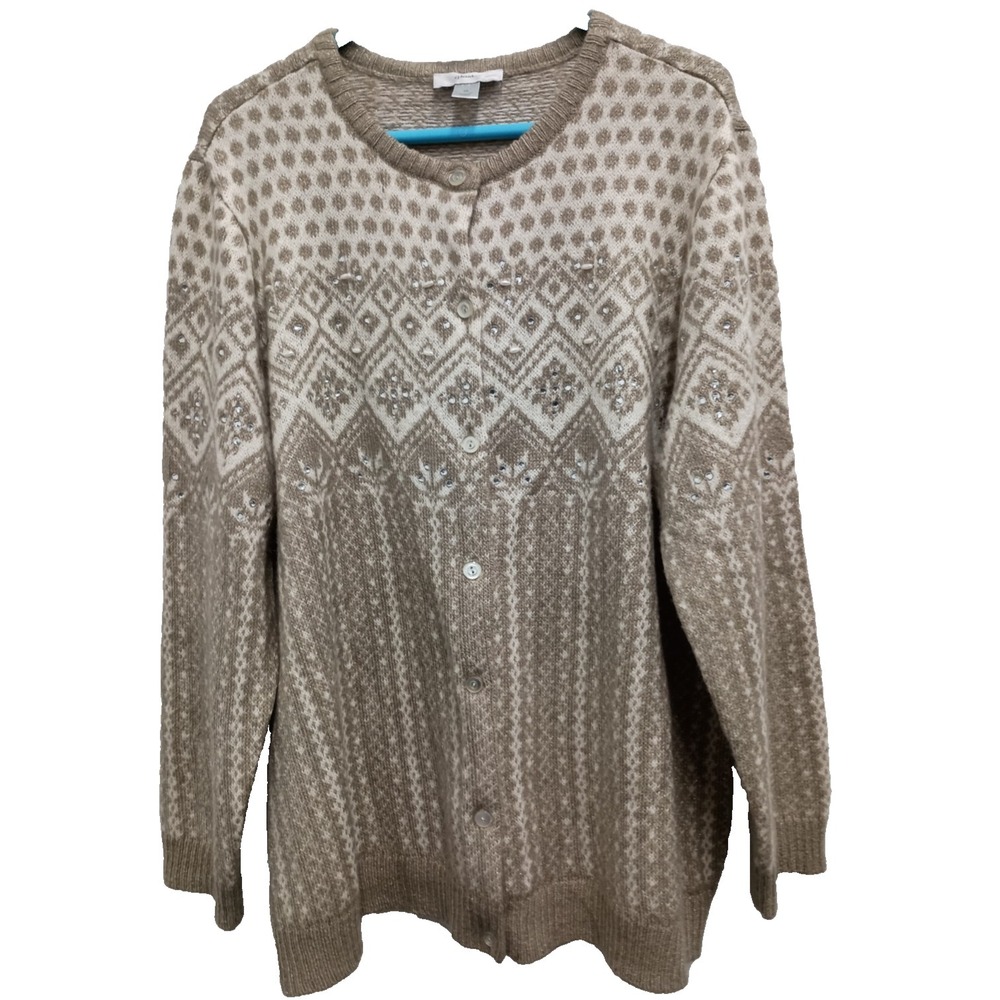 CJ Banks Christmas Sweater Womans Sz 2X Tan Wool Blend Beaded Snowflake Cardigan